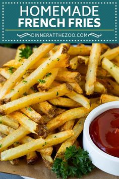 homemade french fries with ketchup and parsley on the side