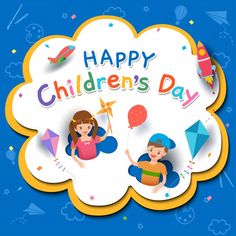 happy children's day card with kids holding kites and balloons on blue background