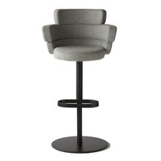 an upholstered bar stool with a black base and grey fabric seat, viewed from the front