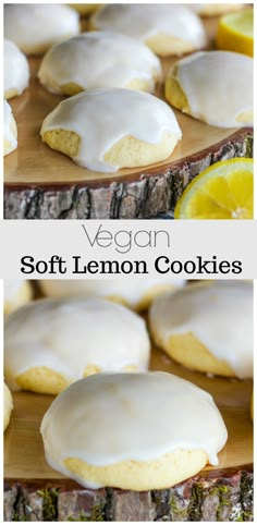 lemon cookies with white icing are on a wooden cutting board and next to each other