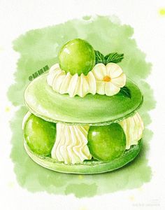 a watercolor painting of a green cake with apples on top and flowers in the middle