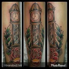 three different tattoos with clocks and roses on them