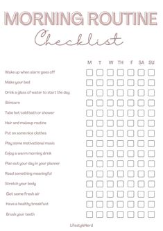 Make sure you get the best start of the day by using this morning routine checklist. Use digitally or print for analogue. Morning And Night Routine Checklist, Morning Routine For Beginners, Morning Routine Checklist Aesthetic, Morning Checklist For Women, Daily Morning Routine Checklist, Morning Routine For Intj, Nighttime Routine Checklist, Morning Routine Checklist For Women, Things To Do In The Morning