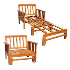 two wooden bed frames sitting next to each other on top of a white flooring