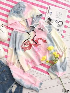 Bjux - Womens Dragon Print Tie Dye Crop Hoodie - Stylish Long Sleeve Drawstring Hoodies Sweatshirt for Casual Wear Casual Dresses Plus Size, Dragon Print, Dragon Pattern, Crop Hoodie, Tie Dye Hoodie, Drawstring Hoodie, Women Collection, Plus Size Dresses, Cotton Material