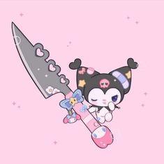 a cartoon character holding a large knife on top of a pink background with stars and hearts