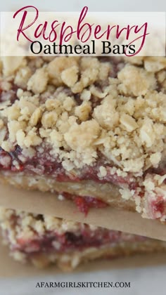 raspberry oatmeal bars stacked on top of each other with text overlay