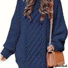 Olivia Mark - Cable Knit Sweater, Casual Solid Long Sleeve Mid Length Sweater, Women's Clothing Oversized Blue Sweater, Blue Sweater Dress, Floral Pullover, Long Sweater Dress, Dress Sweater, Thick Sweaters, Mini Robes, Long Sleeve Knit Sweaters, Crewneck Dress