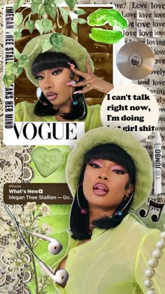 a collage with an image of a woman wearing a green hat and holding a cell phone