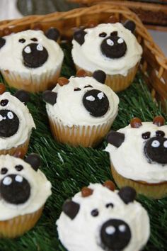 cupcakes with white frosting and black panda faces on them in a basket