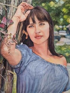 a painting of a woman leaning against a tree with flowers in her hand and looking at the camera