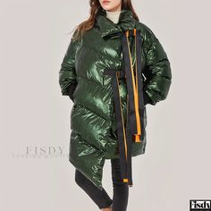 Fisdy - Elegante abrigo de algodón de invierno de corte holgado con superficie brillante, largo irregular y diseño engrosado Trenchcoat Style, Green Jacket Women, Oversized Puffer Jacket, Oversized Puffer, Winter Typ, Quilted Parka, Trench Coat Style, Leisure Fashion, Padded Coat