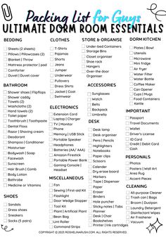 Dorm room essentials checklist for guys Uni Dorm Essentials, Dorm Essentials List For Guys, Dorm Room Essentials For Guys, College Dorm Checklist For Guys, Dorm Room Designs For Guys, College Clothing Essentials, Male Dorm Room Ideas, Clothing Packing List, Dorm Essentials List