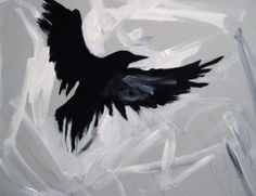 a painting of a black bird flying in the sky