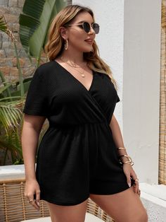 Plus Size Summer Outfits Big Stomach, Outfits For Chubby Girls, Knit Romper, Plus Size Romper, Summer Plus Size, Short Sleeve Romper, Romper Outfit