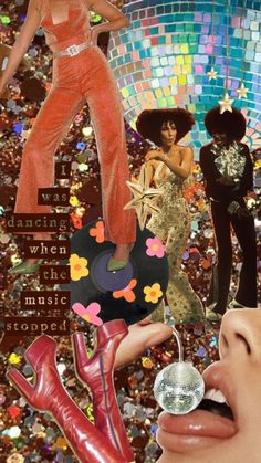 a collage of women in disco outfits and accessories, with text that reads dancing is the music