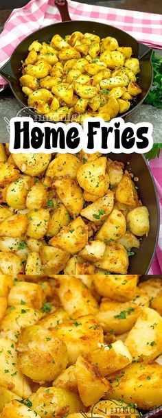 two plates filled with fried potatoes on top of a pink and white checkered table cloth