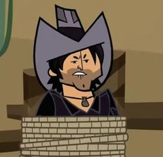 an animated image of a man with a hat on his head sitting in front of a brick wall