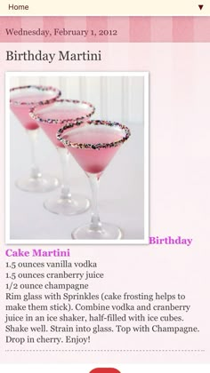 a menu for a birthday party with pink drinks