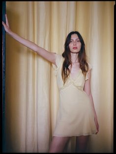 Erin Golden | Yellow Silk Mini Dress | Réalisation Yellow Silk, Drape Sleeves, Lace Patchwork, Yellow Lace, Silk Mini Dress, Style Skirt, French Riviera, Best Wear, Woven Dress