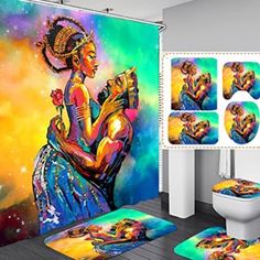 the bathroom is decorated with colorful artwork and rugs