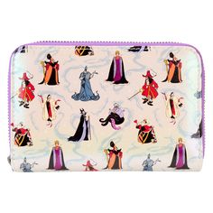 ***Authorized Loungefly Reseller*** LOUNGEFLY DISNEY VILLAINS IRIDESCENT AOP (ALL OVER PRINT) ZIP AROUND WALLET Special Features:  Officially licensed Disney product with tag COLOR:  Multi-Color DESCRIPTION: "Gleam while you scheme. Wreak fashionable havoc with our Disney Villains iridescent zip-around wallet. The iridescent material covering this accessory carries a motif featuring some of Disney’s most famous villains, including the Queen of Hearts, Cruella de Vil, Maleficent, the Evil Queen, Hades, Jafar, Captain Hook, and Ursula. Secure your valuables and take off on all the fun adventures your dark heart desires" (Loungefly). Features: Vegan leather (polyurethane) Approximately four slots for holding cards One clear ID holder Zipper for securing items Gunmetal-colored hardware Appliqu Famous Villains, Iridescent Material, The Evil Queen, The Queen Of Hearts, Dark Heart, Halloween News, Captain Hook, Disney Lilo