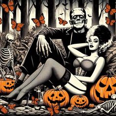 a man sitting next to a woman on top of a bed covered in pumpkins