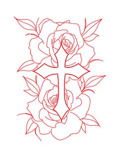 a cross with roses on it and leaves around the edges is drawn in red ink