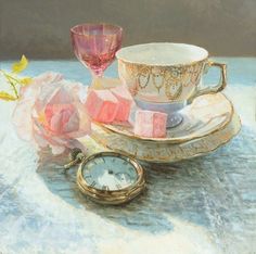 a painting of a cup and saucer on a table with pink roses next to it