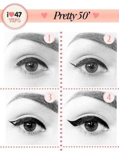 Pin Up Eyeliner, Maquillage Pin Up, 1950s Makeup, 50s Makeup, Halloween Hairstyles, Eyeliner Tips, Perfect Winged Eyeliner, 50s Hairstyles