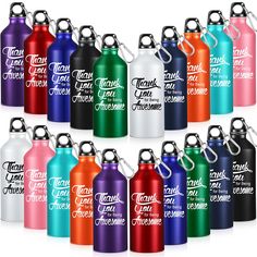 many different colored aluminum water bottles with the words thank you awesome in white lettering on them