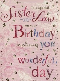 a card with the words sister law on it and flowers in pink, purple and green