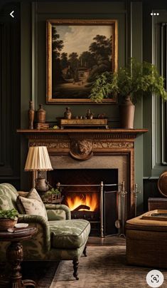 a living room filled with furniture and a fire place in front of a painting on the wall