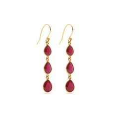 The Ruby Rush Series featuring dazzling Red Cabochon Rubies in a series of petit drop earrings. - Ruby.- Set in 18 Karat Gold overlay.- Approx drop 28 mm.- Hook through ear. Presenting Petit Jai... a Collection of Precious Baubles Under $350.00 Featuring a Perfect Marriage of Precious Gem Stones and Timeless Design. Teardrop Ruby Jewelry In Yellow Gold, Yellow Gold Teardrop Ruby Earrings, Gold Ruby Drop Jewelry, Yellow Gold Ruby Dangle Earrings, Ruby Gemstone Briolette Earrings, Three Earrings, A Perfect Marriage, Ruby Set, Gold Overlay