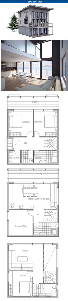 the floor plan for an apartment building with three floors and two balconies on each side