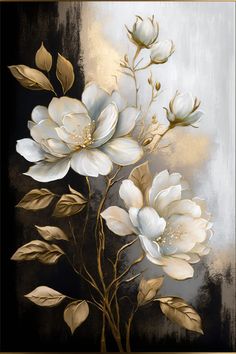 a painting of white flowers on a black and grey background with gold trimmings