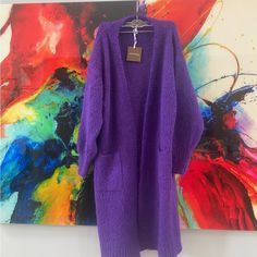 Brand New Never Used Italian Wool Long Cardigan Duster: Purple, Os (S-Xl) Purple V-neck Fall Cardigan, Purple V-neck Cardigan For Winter, Purple Long Sleeve Sweater Coat For Fall, Purple Knitted Long Sleeve Outerwear, Casual Purple Soft Knit Cardigan, Knitted V-neck Outerwear For Loungewear, Long Purple Winter Outerwear, Purple Long Sleeve Casual Cardigan, Casual Long Sleeve Purple Cardigan