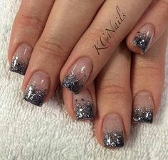 Beautiful Black Sparkle Tip Nails, Nails For Black Dress Wedding, Black And Silver Nail Designs, Black Sparkly Nails, Chunky Glitter Nails, Almond Nails French, Hoco Nails, Vegas Nails