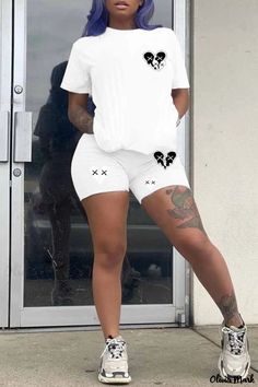 Olivia Mark - Ladies Elegant Ivory Two-Piece Ensemble with Patchwork Design, O-Neck, and Short Sleeves White Casual Set With Crew Neck, White Crew Neck Sets For Spring, Two Piece Short Set, Patchwork Designs, Casual Sets, White Casual, Two Piece Dress, Black Casual, Olivia Mark