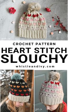 the crochet pattern for a heart stitch slouchy hat