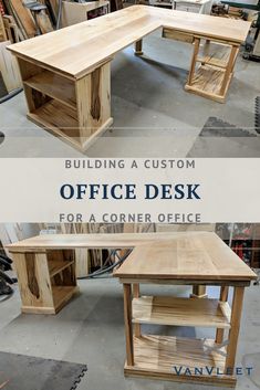 an office desk made out of wood with the words building a custom office desk for a corner office