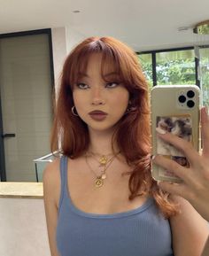 Fringe Bangs Blowout, Natural Looking Colored Hair, Auburn Hair And Eyebrows, Ginger Hair No Bleach, Copper Hair Spring, Auburn Dyed Hair, Copper Asian Hair, Orange Auburn Hair, Dyed Copper Hair