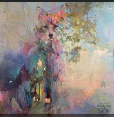 an abstract painting of a fox with trees in the background