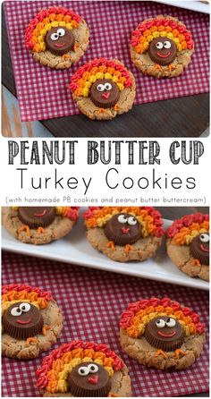 peanut butter cup turkey cookies with homemade frosting and candy eyes are on a red checkered tablecloth