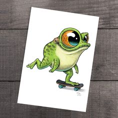 An illustrated Skater Frog print with oversized eyes skateboarding on a wooden floor, inspired by the whimsical world of Thimblestump Hollow by Chris Ryniak. Funny Lizard Drawing, Happy Birthday Frog, Tree Frog Art, Chris Ryniak, Frog Print, Frog Drawing, Moon Drawing, Graffiti Characters, Rock Painting Patterns