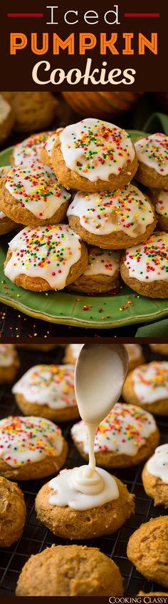 pumpkin cookies with white icing and sprinkles on a green platter