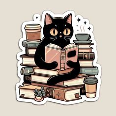 a black cat sitting on top of a pile of books