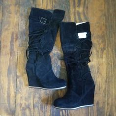 Nwt Black Wedge Knee Boots. So Cute For Fall And Winter! Black Casual Closed Toe Wedge Boots, Black Wedge Heel Boots For Winter, Chic Black Suede Wedge Boots, Black Suede High Heel Wedge Boots, Black Wedge, Guilty Pleasure, Black Wedges, Fall And Winter, Shoes Black