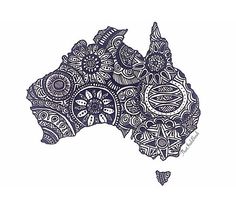 a black and white drawing of the map of australia with doodle patterns on it