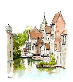 watercolor and ink painting of houses on the riverbank in an old european village